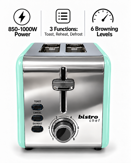 Bistro Chef 2 Slice Toaster 1000W Wide Slot Retro Style Kitchen - Green