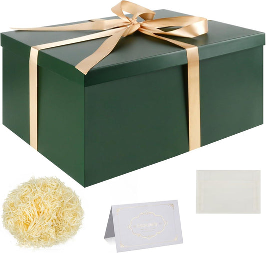 Large Green Gift Box with Lid, Ribbon, Tissue Paper & Greeting Card – 38 x 28 x 19cm