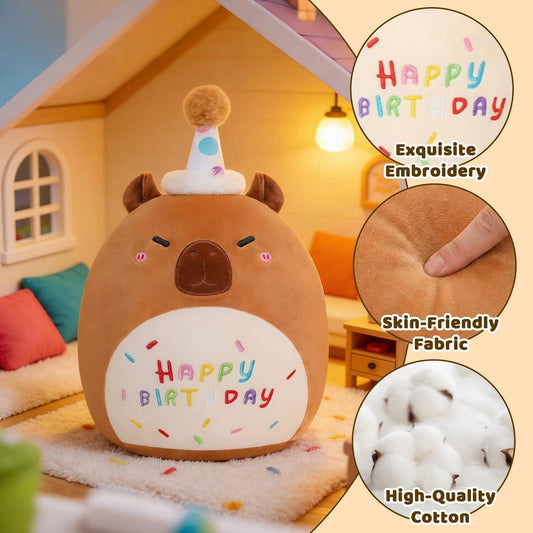 Capybara Plush Toy 25cm – Soft Stuffed Teddy with Birthday Hat & "Happy Birthday" Design