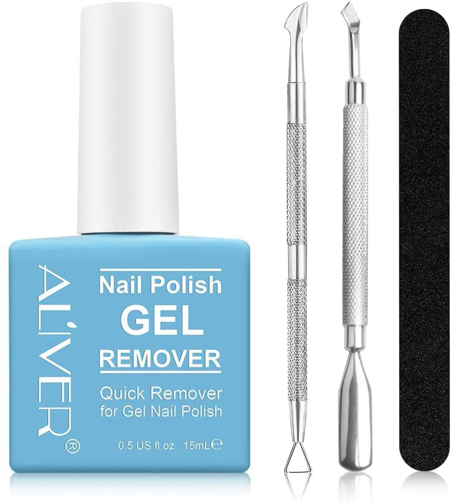 Gel Nail Polish Remover 15 Ml, Peel off in 3-5 Min, Easy Quick Remove Gel Nail, Acrylic & UV Nail, Without Foil Soak or Wrap, Do Not Hurt Nails, with Nail File, Cuticle Pusher and Nail Polish Scraper