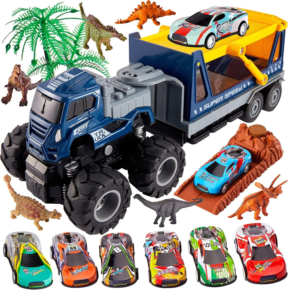 HYAKIDS Dinosaur Toys Car Transport Carrier Truck with Dinosaur Figures, Pull Back Racing Cars & Trees