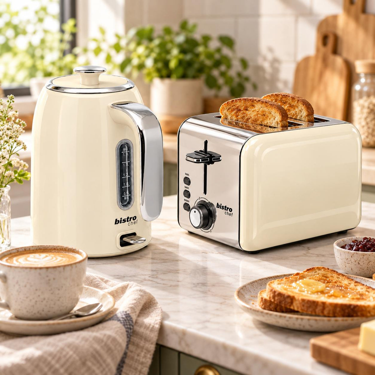 Bistro Chef Kettle & 2 Slice Toaster 1000W Wide Set Retro Style Kitchen - Cream