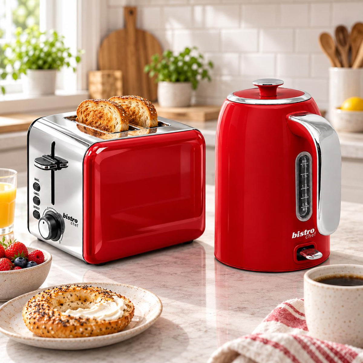 Bistro Chef Kettle & 2 Slice Toaster 1000W Wide Set Retro Style Kitchen - Red