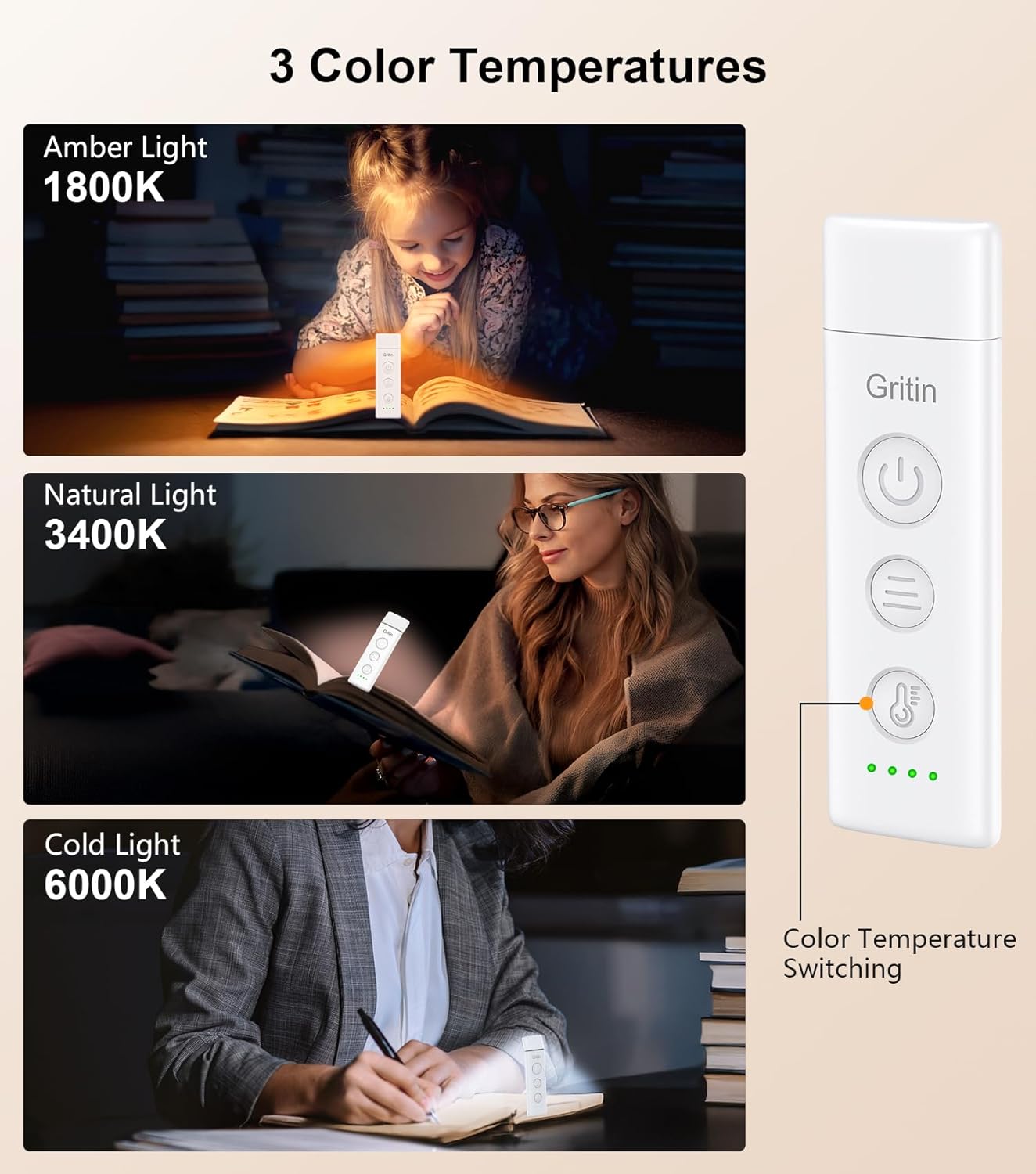 Gritin Rechargeable Book Light Clip On Reading Lamp USB-C Dimmable LED White