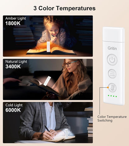 Gritin Rechargeable Book Light Clip On Reading Lamp USB-C Dimmable LED White