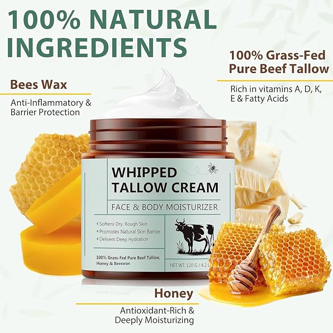 Beef Tallow Balm for Skin, with Honey Grass-Fed Pure and Beeswax 120g