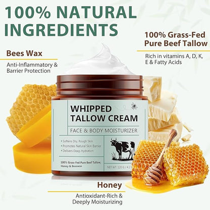 Beef Tallow Balm for Skin, with Honey Grass-Fed Pure and Beeswax 120g