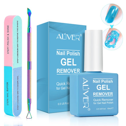 Gel Nail Polish Remover Kit 15ml Remover with 2 Scrapers & 7-Step Nail Buffer