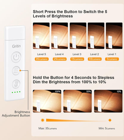 Gritin Rechargeable Book Light Clip On Reading Lamp USB-C Dimmable LED White