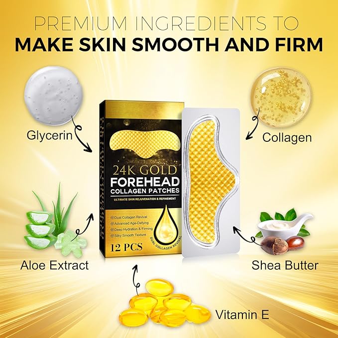 24K Gold Collagen Forehead Wrinkle Patches – 12PCS Age Defying
