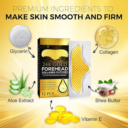 24K Gold Collagen Forehead Wrinkle Patches – 12PCS Age Defying