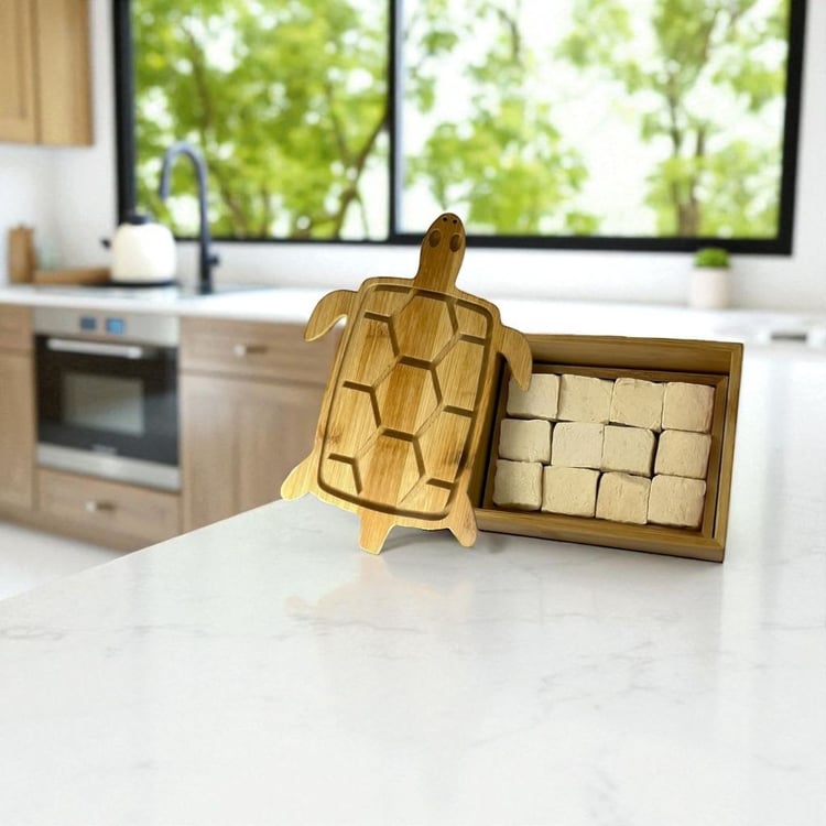 Turtle Shaped Bamboo Tofu Press – Wooden Tofu Water Drainer with Lid