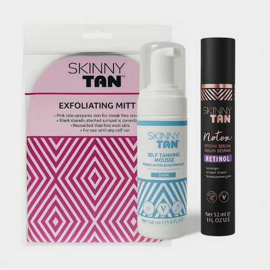 Skinny Tan 3-Piece Tanning Set | Mousse + Retinol Serum + Exfoliating Mitt