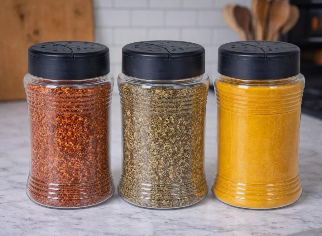 PET Clear Plastic Spice Bottle with 3-Part Flipper Shaker Lid