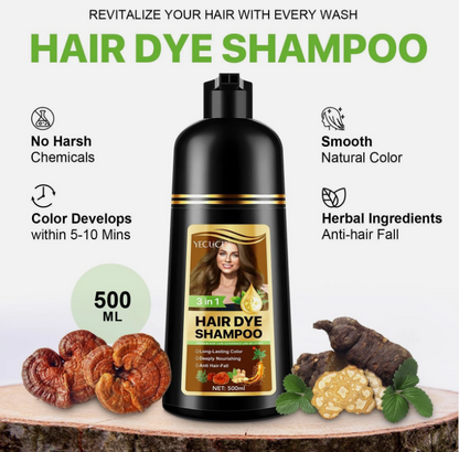 3-in-1 Hair Dye Shampoo 500ml – Natural Grey Coverage | Choose Colour | Vegan