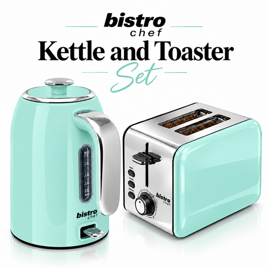 Bistro Chef Kettle & 2 Slice Toaster 1000W Wide Set Retro Style Kitchen - Green