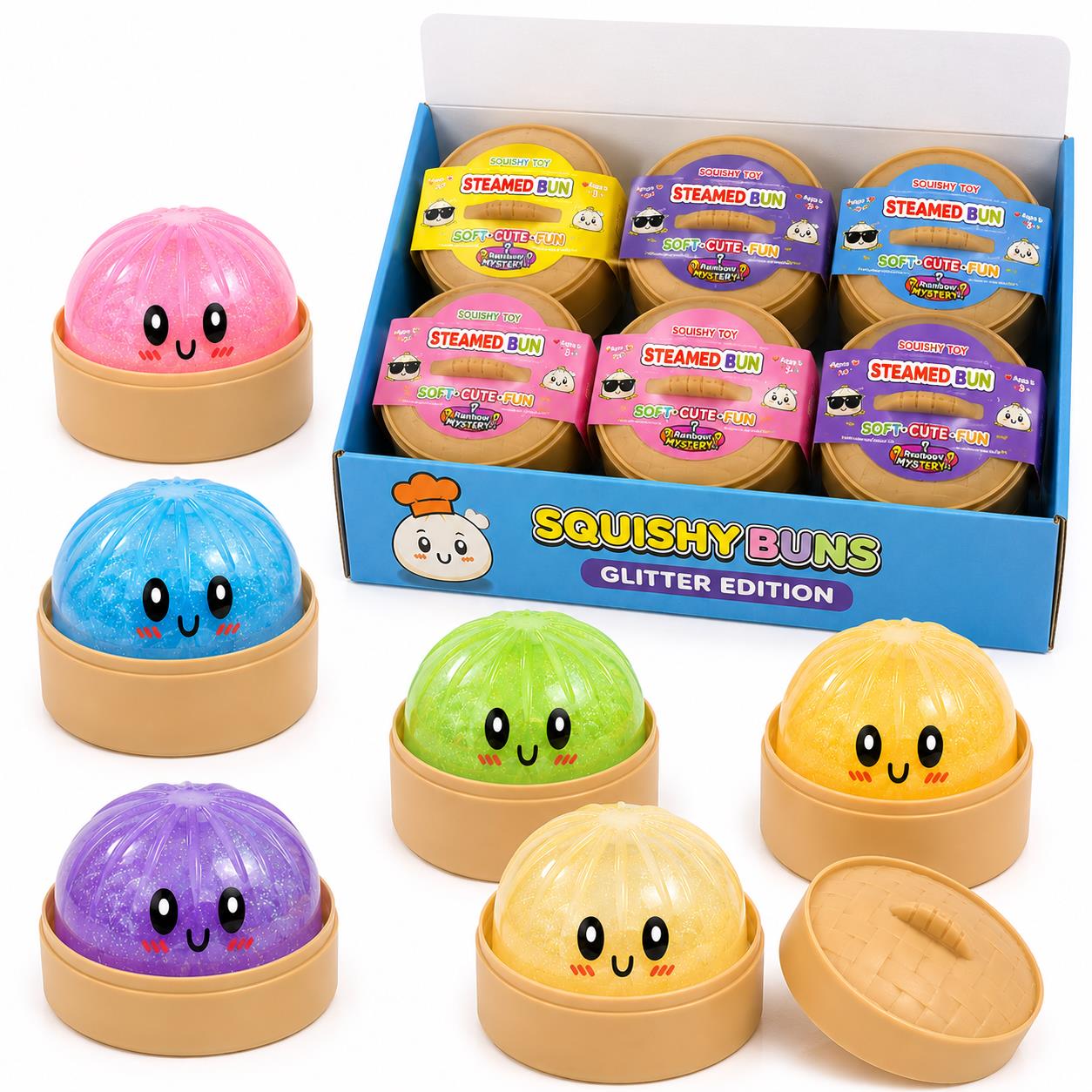 8.5cm Glitter Squishy Bao Bun Dumpling Toy CE Approved Mystery Colour