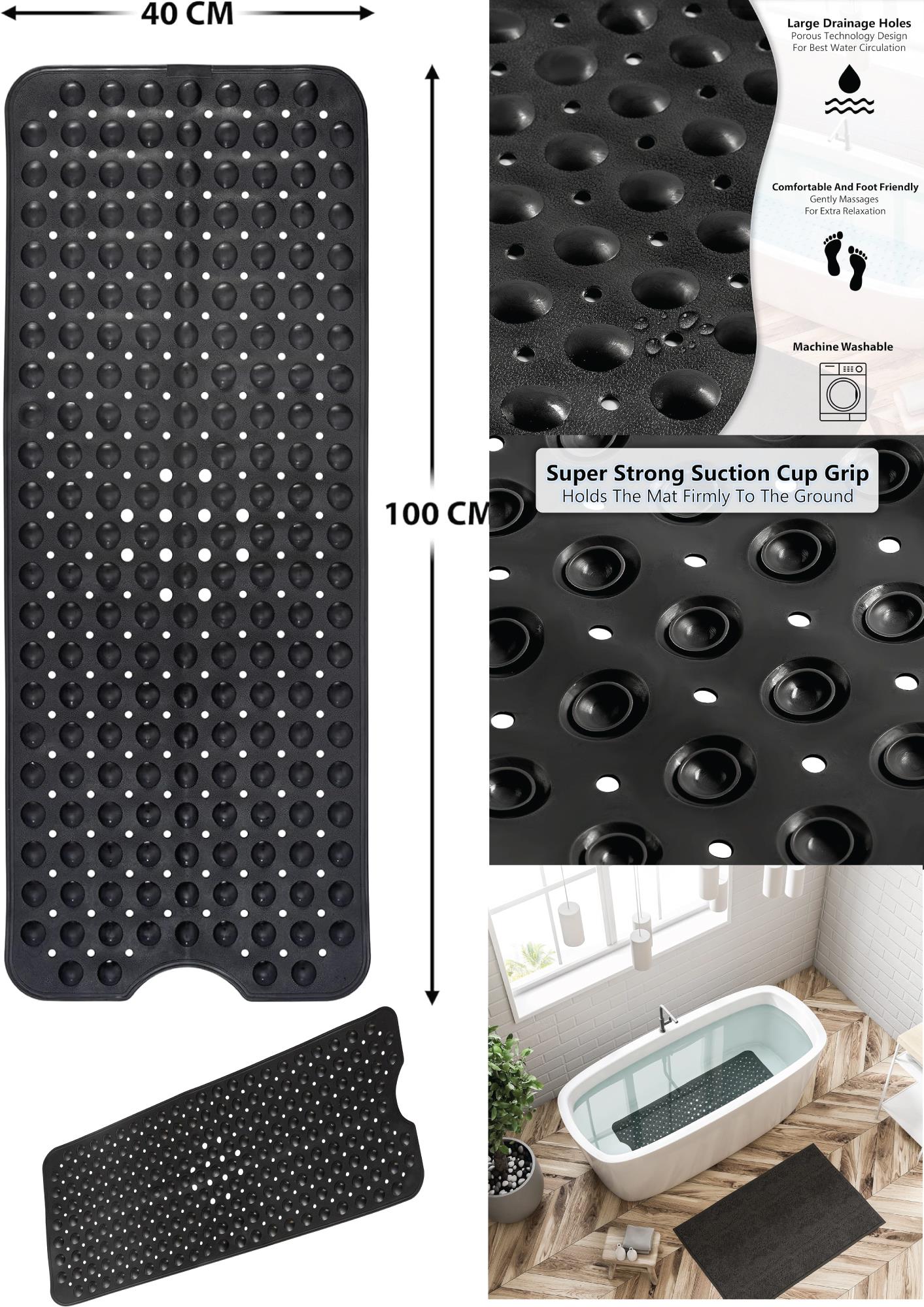 Non Slip Bath Mat 100x40cm – Black Shower Mat with Suction Cups & Drain Holes
