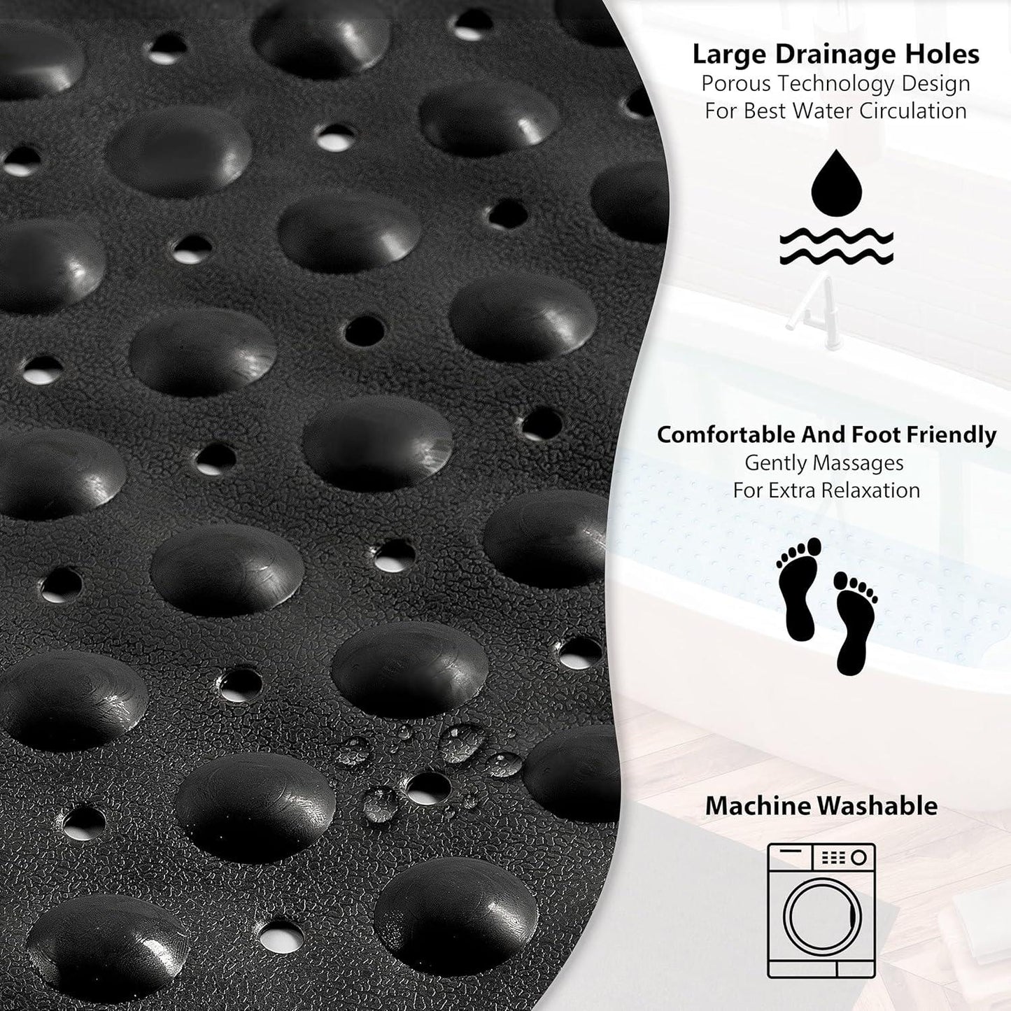 Non Slip Bath Mat 100x40cm – Black Shower Mat with Suction Cups & Drain Holes