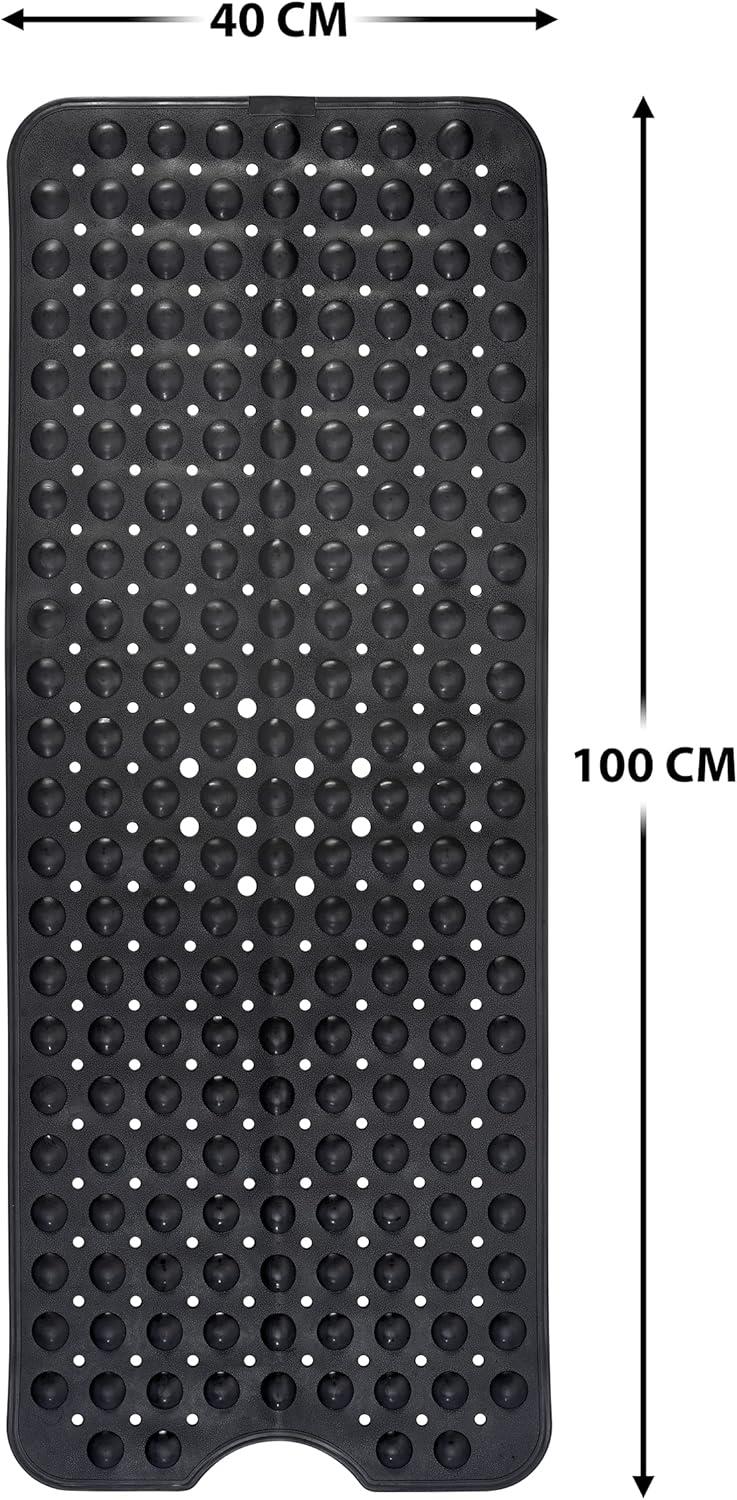 Non Slip Bath Mat 100x40cm – Black Shower Mat with Suction Cups & Drain Holes