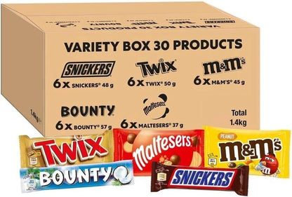 Mars Chocolate Variety Box 30 Bars Snickers Twix Bounty M&M's Maltesers