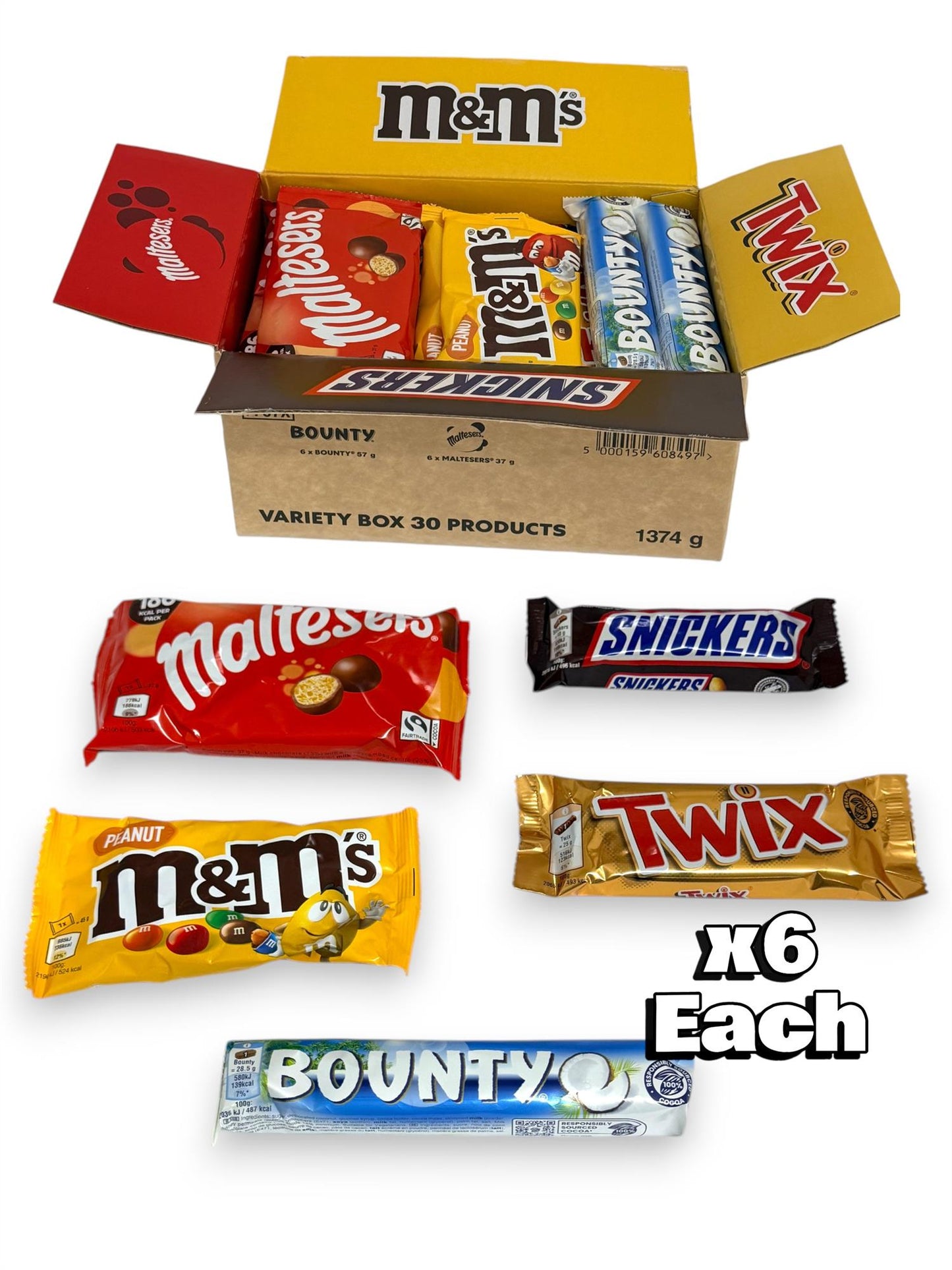 Mars Chocolate Variety Box 30 Bars Snickers Twix Bounty M&M's Maltesers