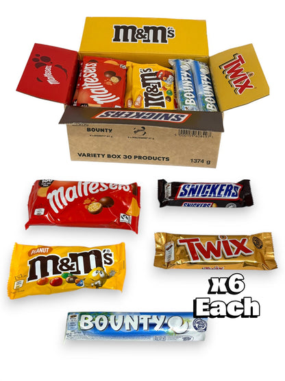 Mars Chocolate Variety Box 30 Bars Snickers Twix Bounty M&M's Maltesers