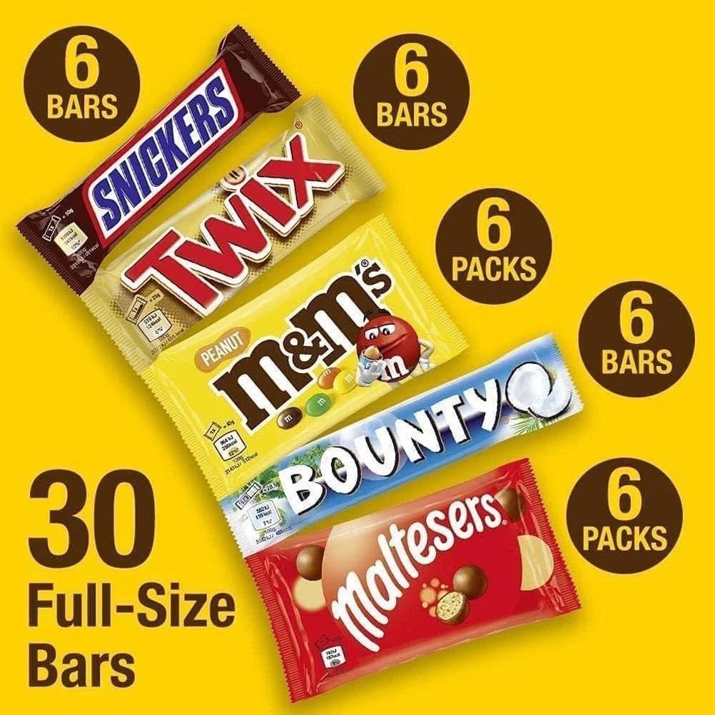 Mars Chocolate Variety Box 30 Bars Snickers Twix Bounty M&M's Maltesers