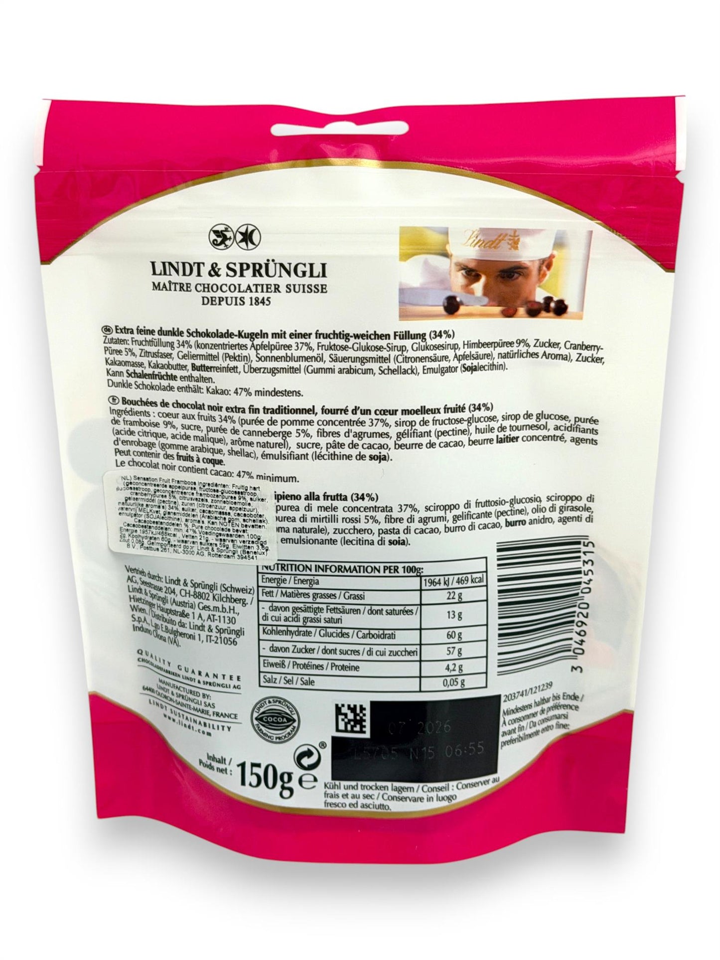 Lindt Sensation Fruit Raspberry & Cranberry Dark Chocolate 150g France