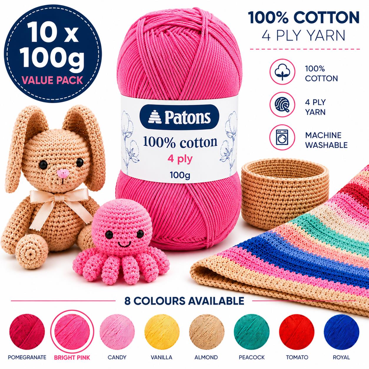 Patons Cotton 4 Ply Yarn 10x100g Bright Pink Soft Crochet Wool