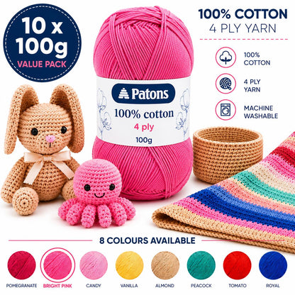 Patons Cotton 4 Ply Yarn 10x100g Bright Pink Soft Crochet Wool