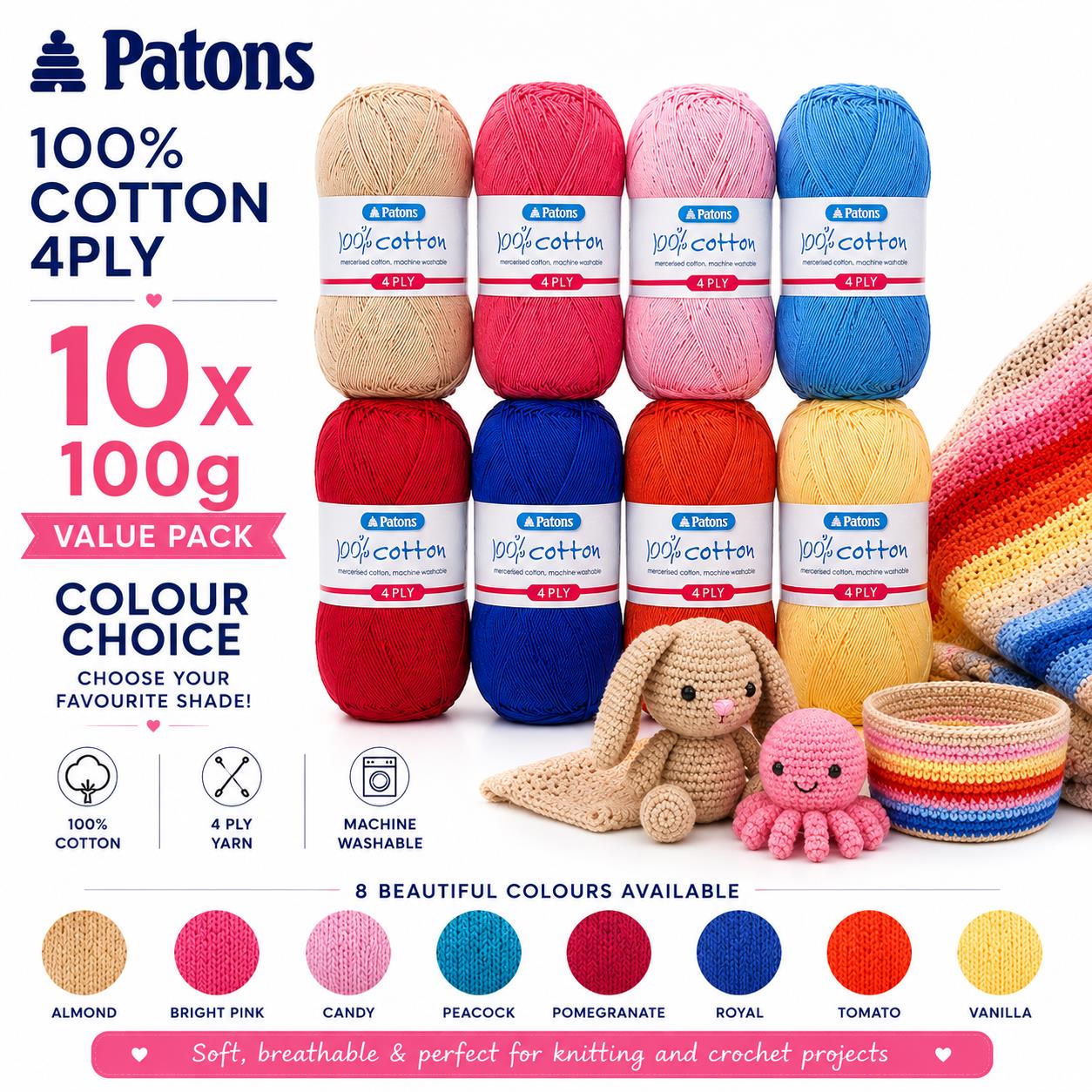 Patons Cotton 4 Ply Yarn 10x100g Bright Pink Soft Crochet Wool