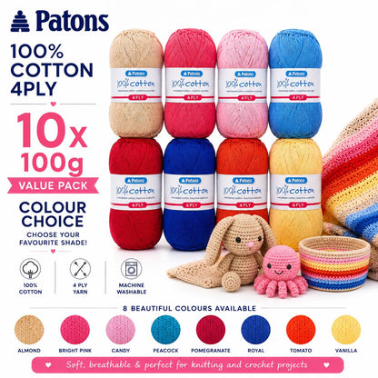Patons Cotton 4 Ply Yarn 10x100g Bright Pink Soft Crochet Wool