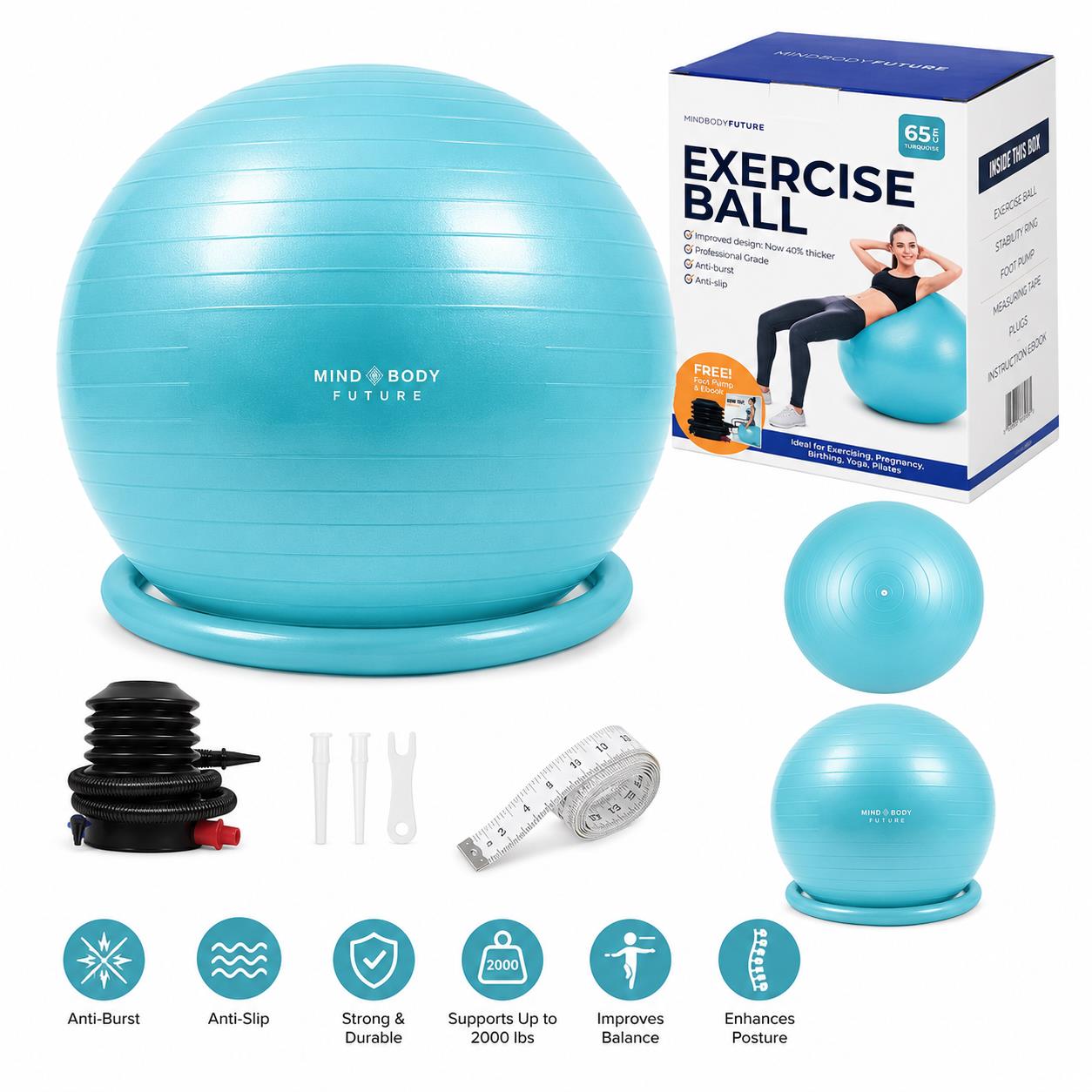 Exercise Ball 65cm Yoga Pregnancy Pilates Gym Ball with Base Ring and Pump