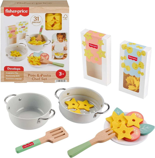 Fisher-Price Preschool Toy Pots & Pasta Chef Set, 31-Piece Pretend Cooking Playset with Play Food & Wood Utensils for Kids Ages 3+ Years, JFG14