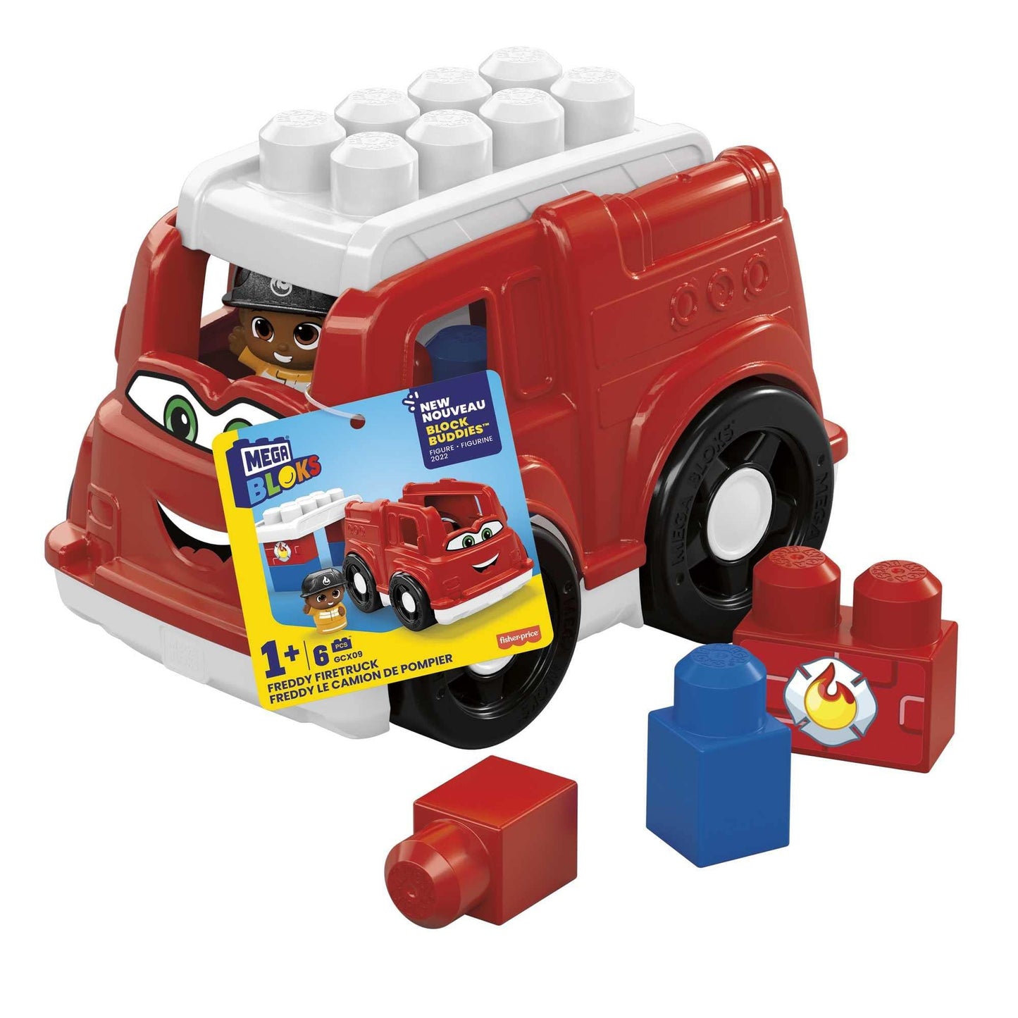 MEGA BLOKS Toddler Building Blocks Fire Truck with 1 Block Buddies Figure, Freddy Firetruck for Toddlers 1-3