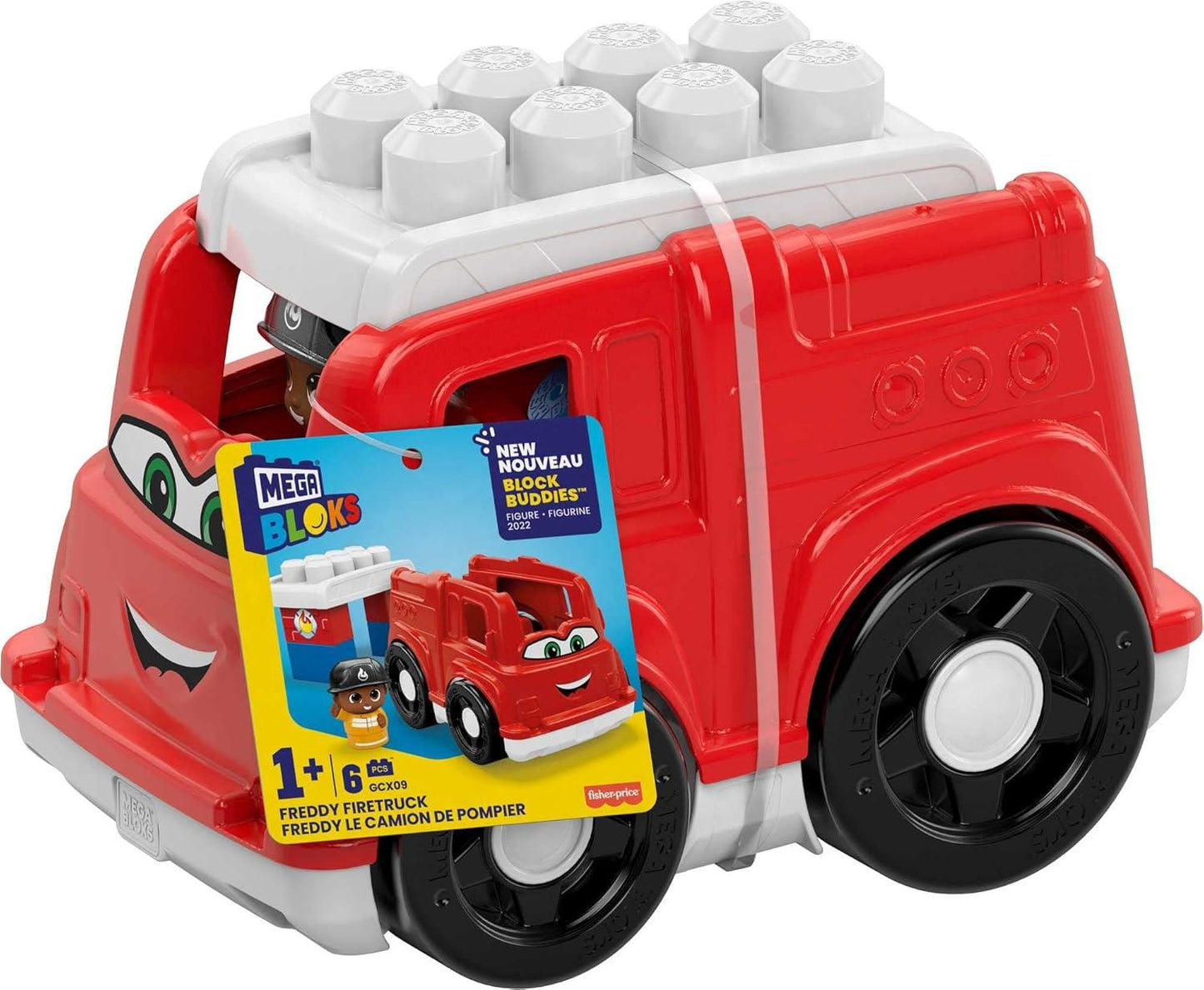 MEGA BLOKS Toddler Building Blocks Fire Truck with 1 Block Buddies Figure, Freddy Firetruck for Toddlers 1-3