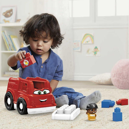 MEGA BLOKS Toddler Building Blocks Fire Truck with 1 Block Buddies Figure, Freddy Firetruck for Toddlers 1-3