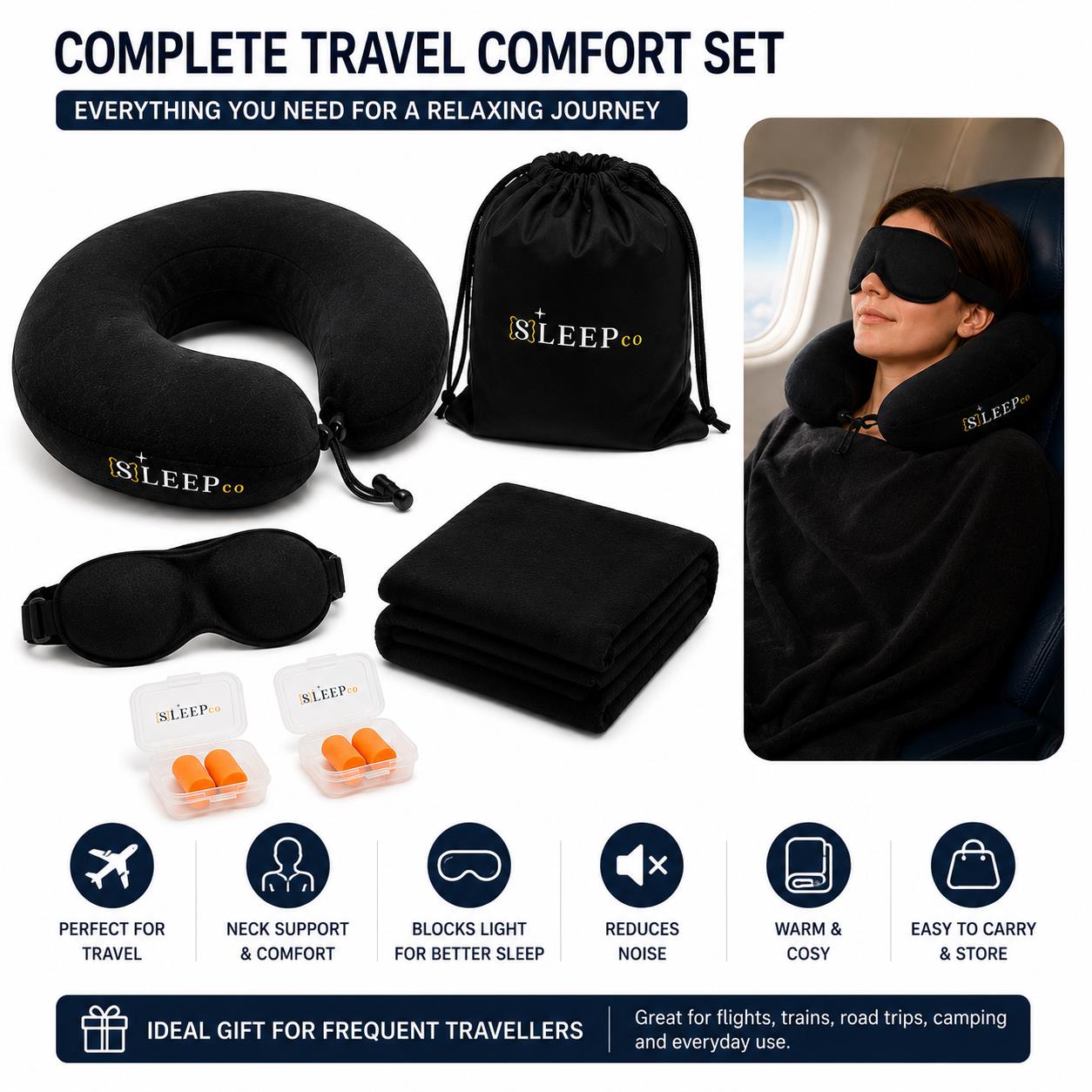 Travel Pillow Set Memory Foam Neck Pillow Blanket Eye Mask Ear Plugs Travel Kit