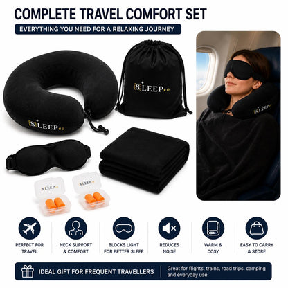 Travel Pillow Set Memory Foam Neck Pillow Blanket Eye Mask Ear Plugs Travel Kit