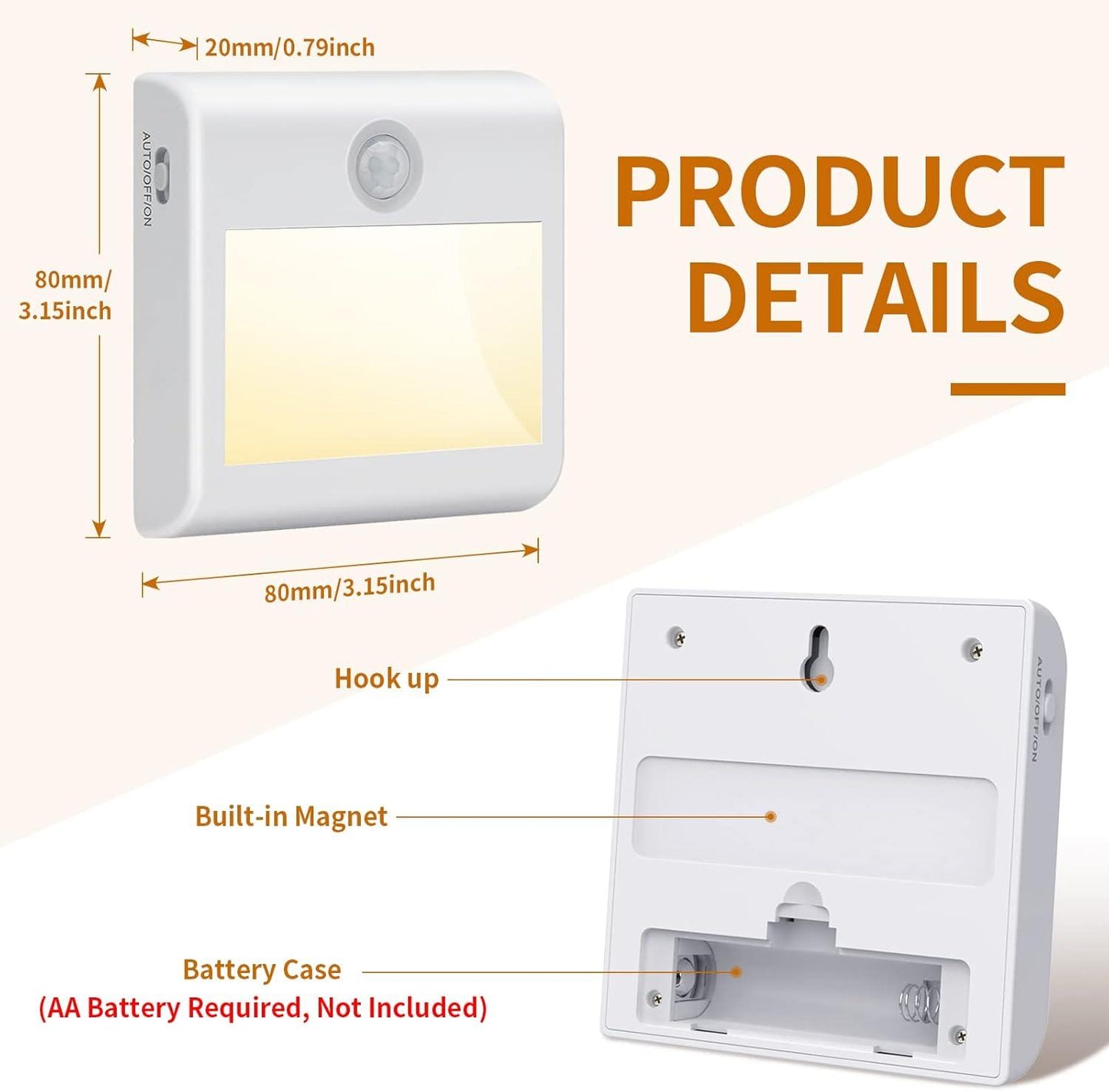 2 Pack Motion Sensor Night Lights Battery Powered LED Stick On Cupboard Lights