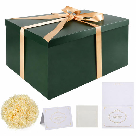 Large Green Gift Box with Lid, Ribbon, Tissue Paper & Greeting Card – 38 x 28 x 19cm