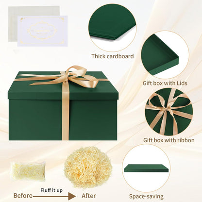 Large Green Gift Box with Lid, Ribbon, Tissue Paper & Greeting Card – 38 x 28 x 19cm