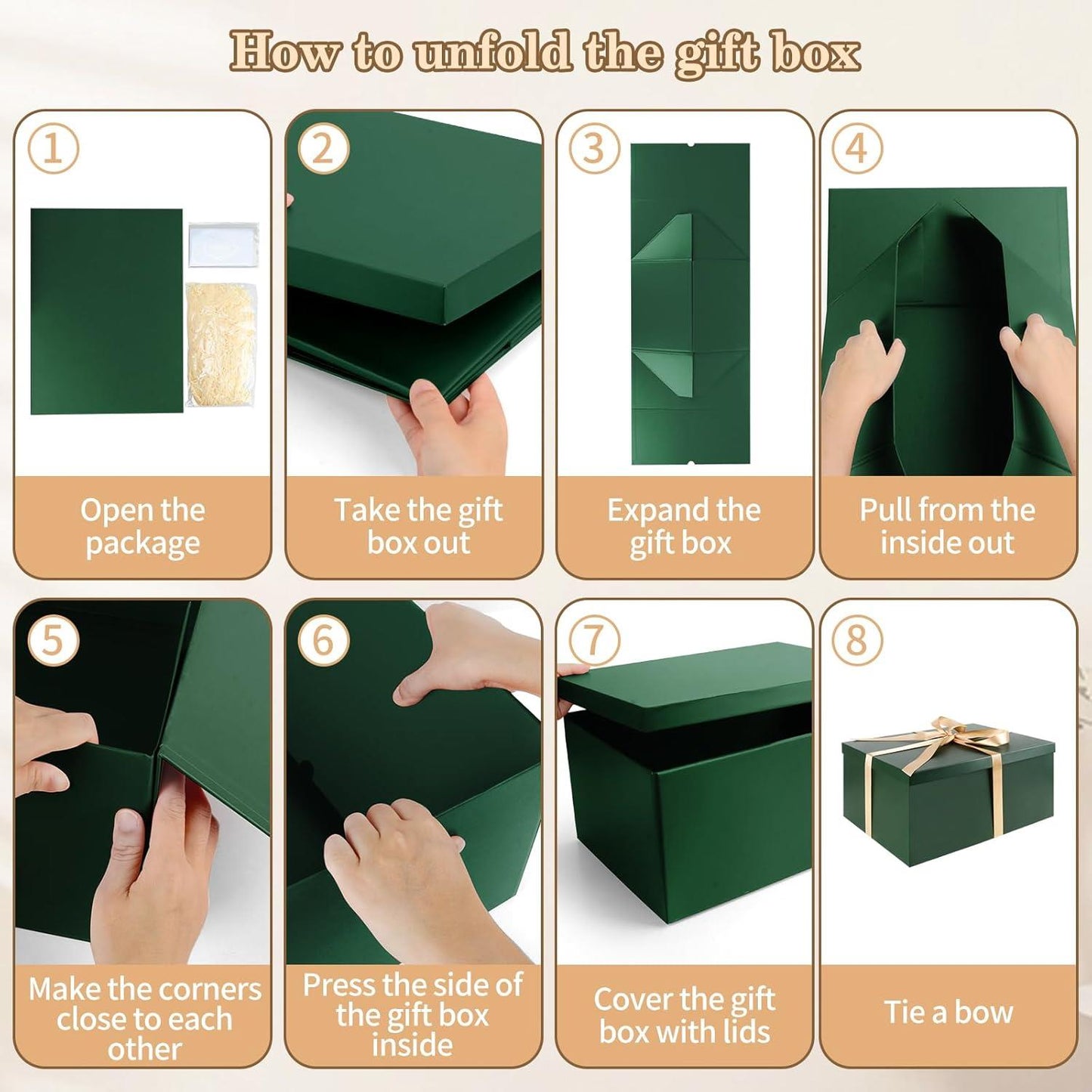 Large Green Gift Box with Lid, Ribbon, Tissue Paper & Greeting Card – 38 x 28 x 19cm