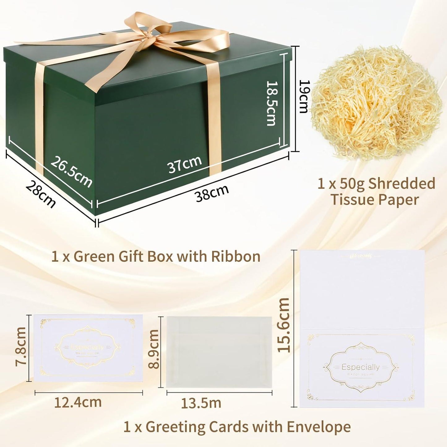 Large Green Gift Box with Lid, Ribbon, Tissue Paper & Greeting Card – 38 x 28 x 19cm