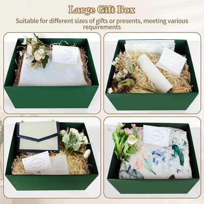 Large Green Gift Box with Lid, Ribbon, Tissue Paper & Greeting Card – 38 x 28 x 19cm