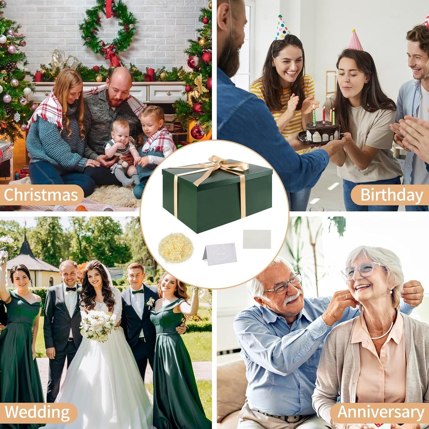 Large Green Gift Box with Lid, Ribbon, Tissue Paper & Greeting Card – 38 x 28 x 19cm