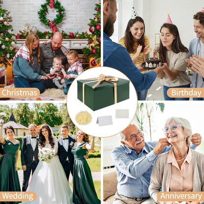 Large Green Gift Box with Lid, Ribbon, Tissue Paper & Greeting Card – 38 x 28 x 19cm