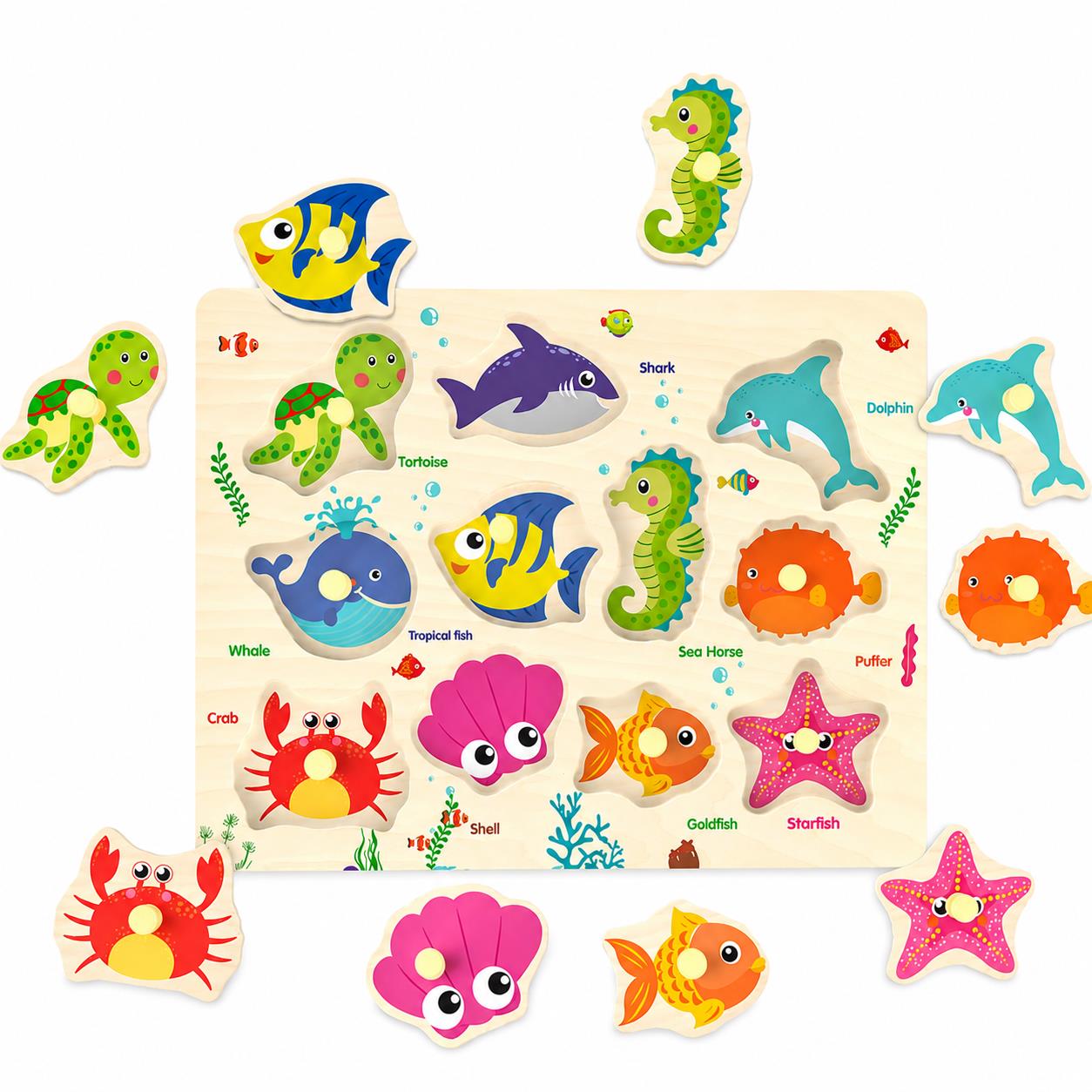 Wooden Sea Animal Peg Puzzle – Educational Montessori Wooden Toy for Toddlers 18+ Months