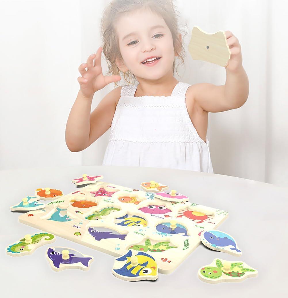 Wooden Sea Animal Peg Puzzle – Educational Montessori Wooden Toy for Toddlers 18+ Months
